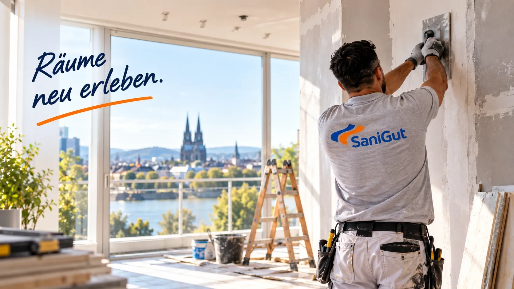 Handwerker bei der Bearbeitung einer Innenwand in einem hellen Raum.