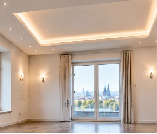 Heller Innenraum mit abgehängter Decke und indirekter Beleuchtung.