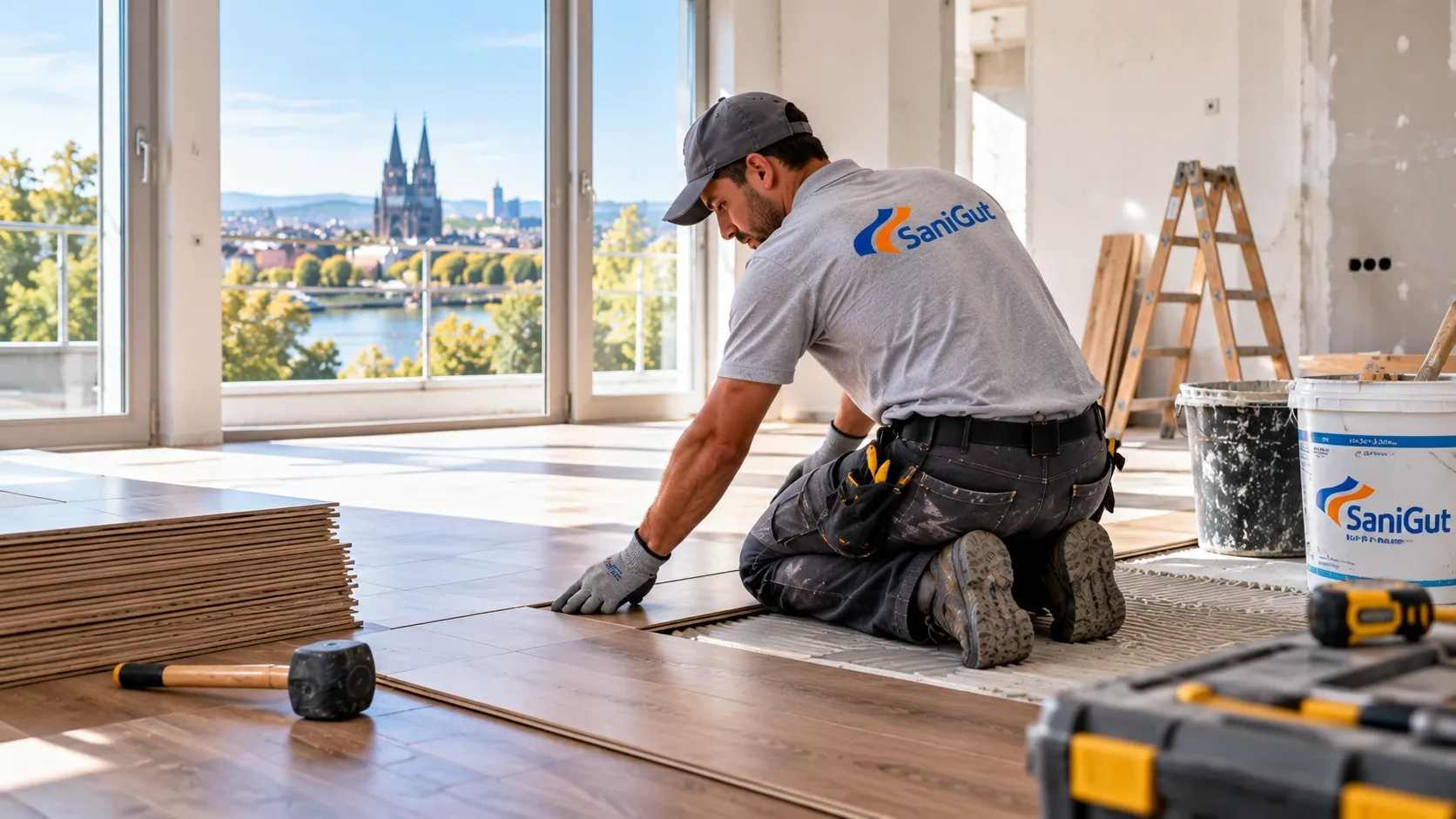 Handwerker beim Einpassen eines Bodenbelags.